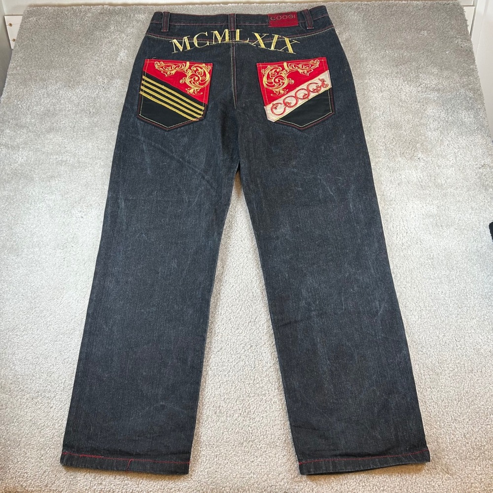VTG COOGI Jeans Mens 38 Dark Wash Embroidered Baggy Y2K Streetwear MCMLXIX Denim